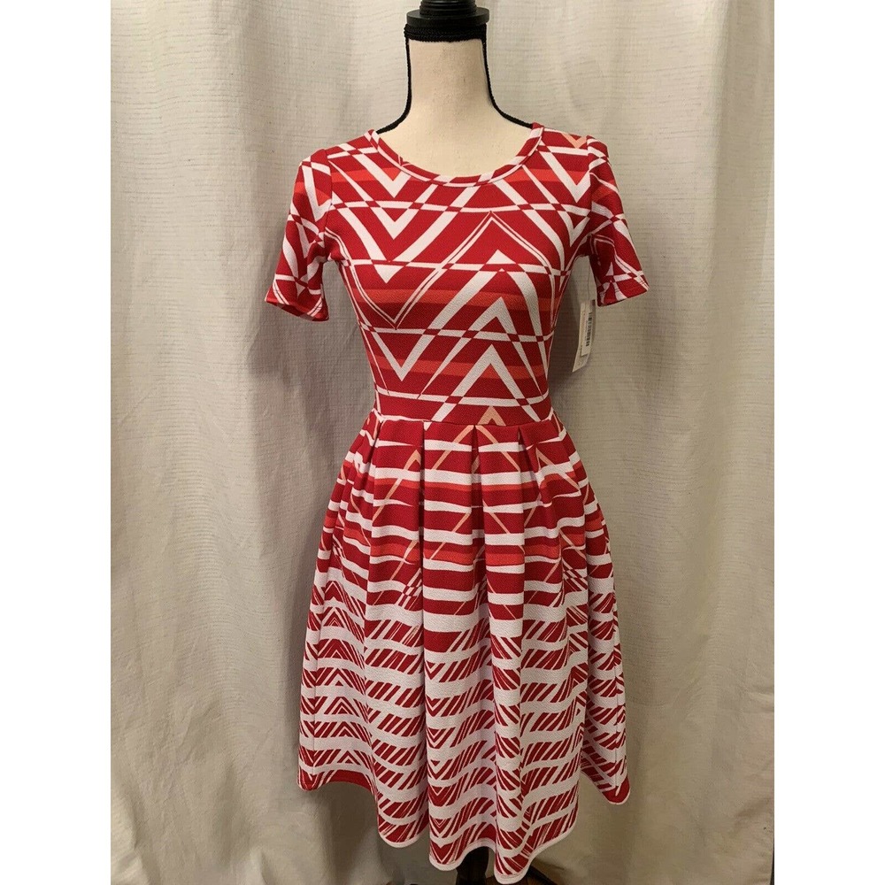 LuLaRoe Amelia Dress Womens XS Red White Triangle Fit Flare Skater Pockets New
